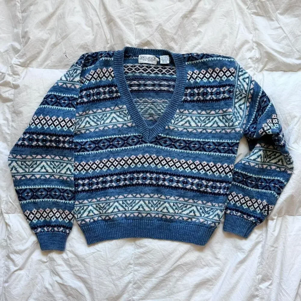 Vintage 90s fair isle blue knit v neck sweater sz PM cozy‎ cottagecore winter